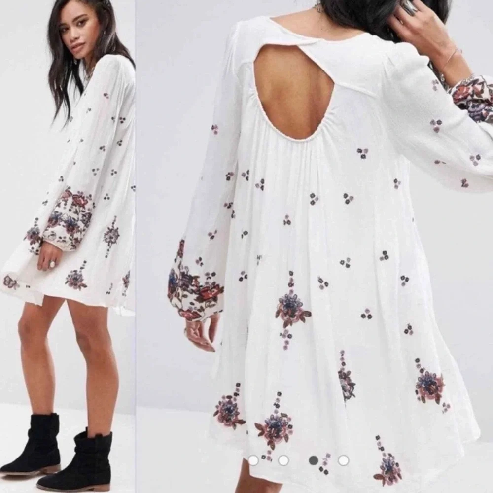Free People Embroidered Oxford Swing Cut Out Mini Dress Size L - Picture 1 of 11